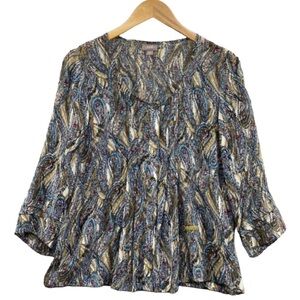 J.Jill Blouse Womens Small Blue/Green Paisley Pleated Button Up Size Small